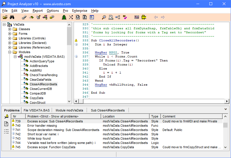 Source code analyzer for Visual Basic and VBA