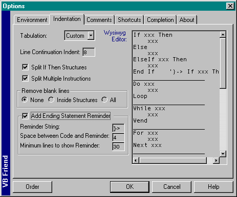 Screenshot of VB Friend indentation options dialog box