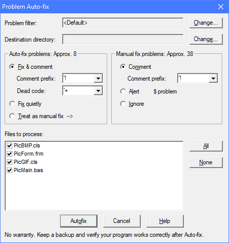 Auto-fix options dialog