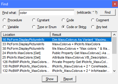 Project Analyzer Find window