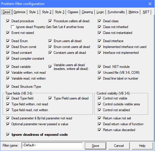 Problem filter configuration dialog box