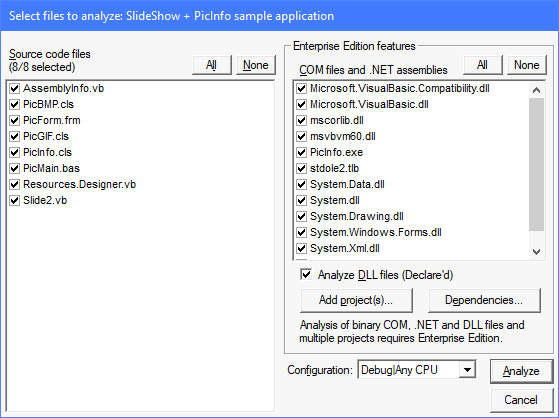Select files to analyze dialog box
