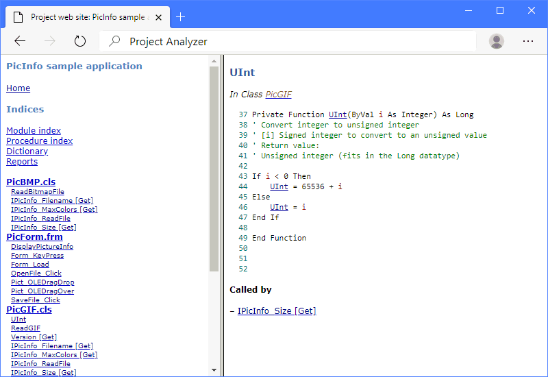 Screenshot of a project web site generated by Project Printer